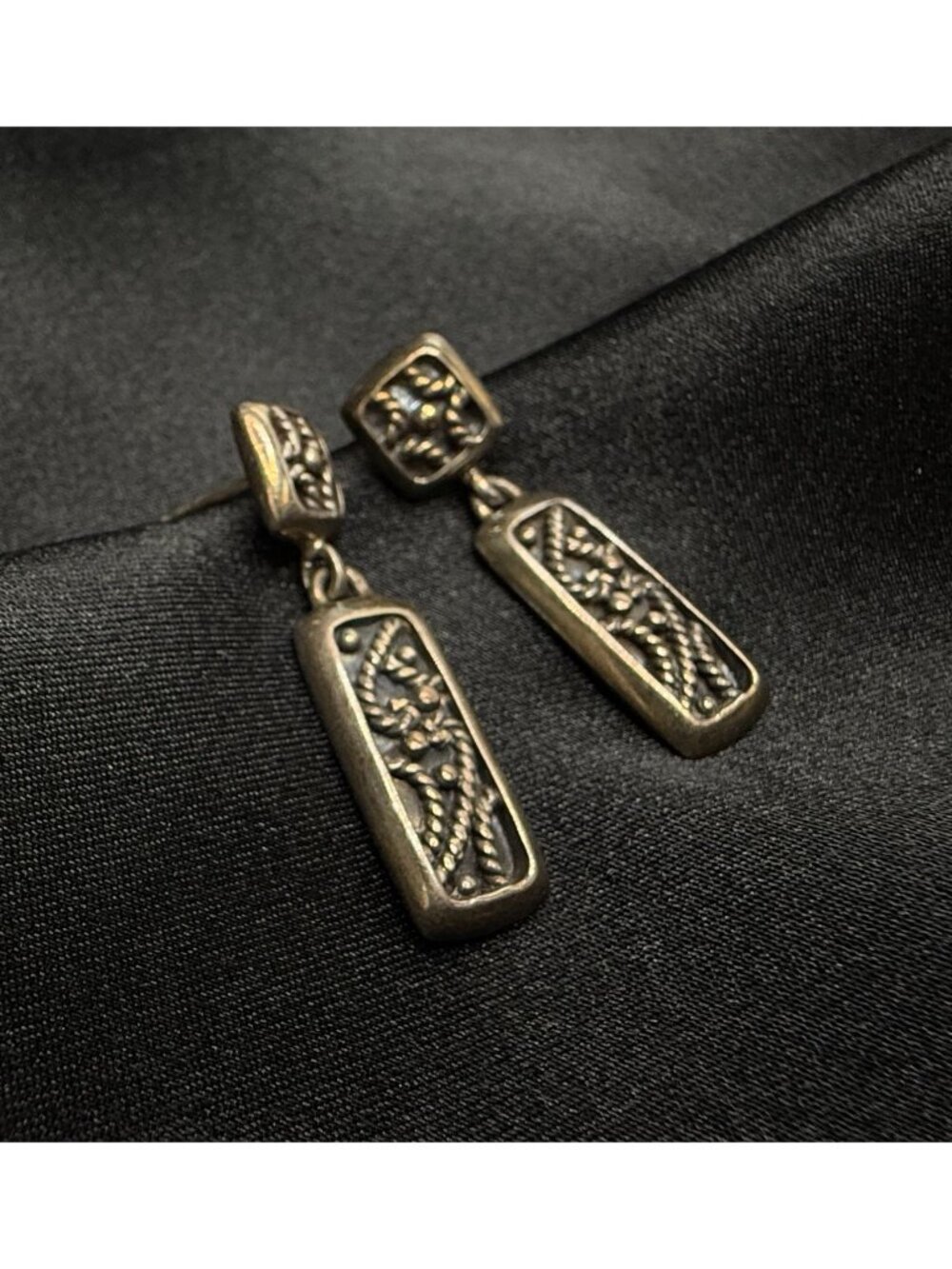 Vintage 925 Sterling Silver Rectangular Dangle Earrings With Floral Detailing